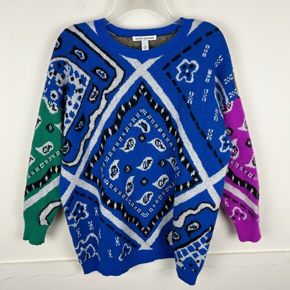 Autumn Cashmere Multicolored 100% Cashmere Bandana Print Long Sleeve Sweater L - Picture 3 of 6